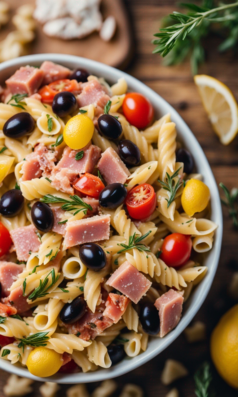 Final plated Mediterranean pasta salad ready to serve