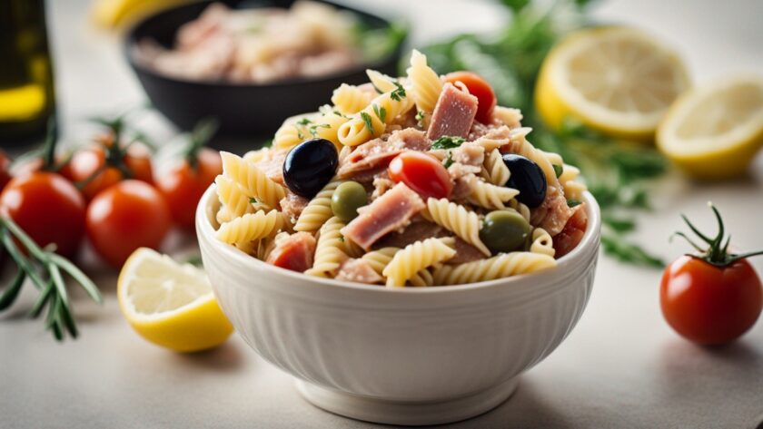 Fresh ingredients for Mediterranean pasta salad on kitchen counter