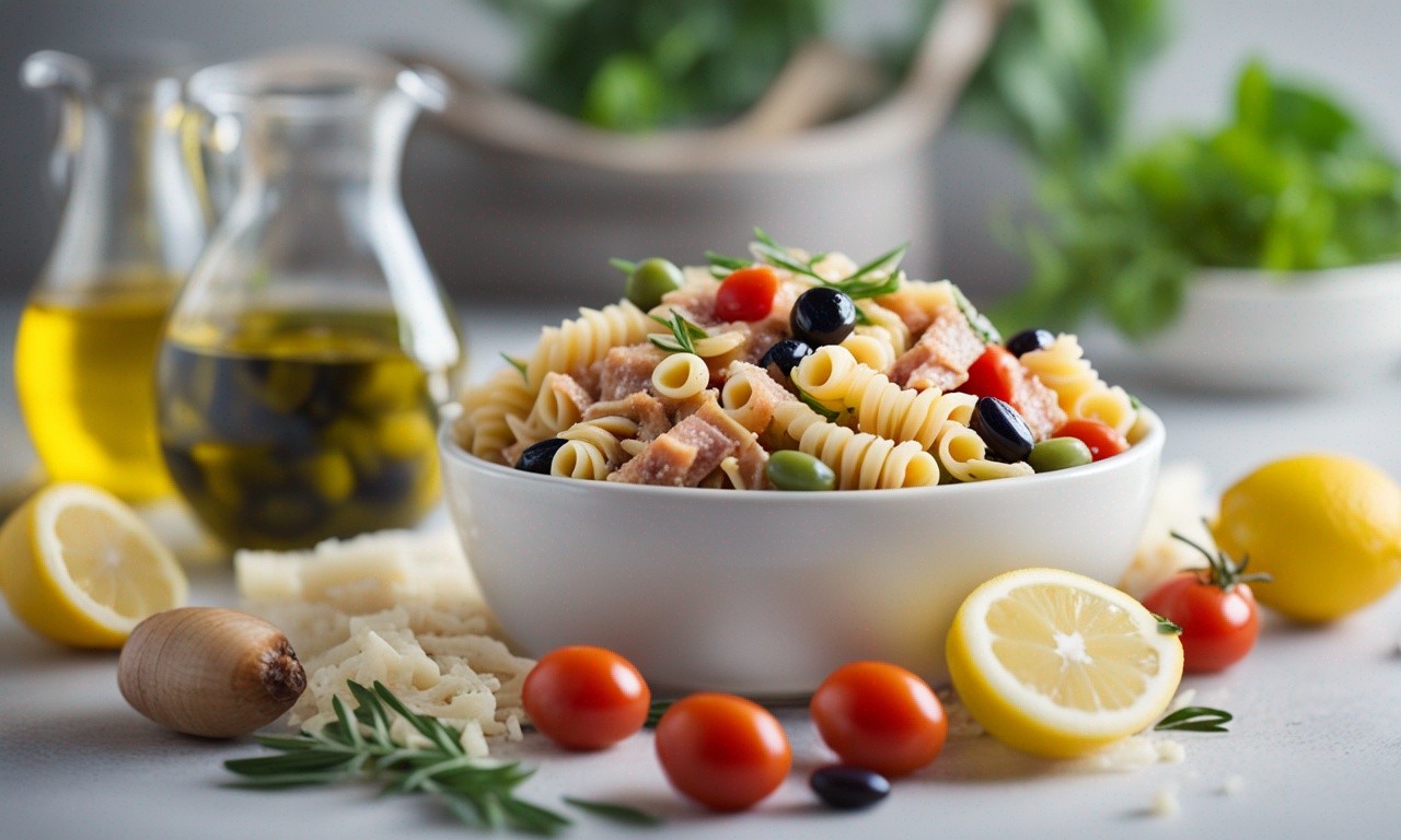 Tossed Mediterranean pasta salad in a serving bowl