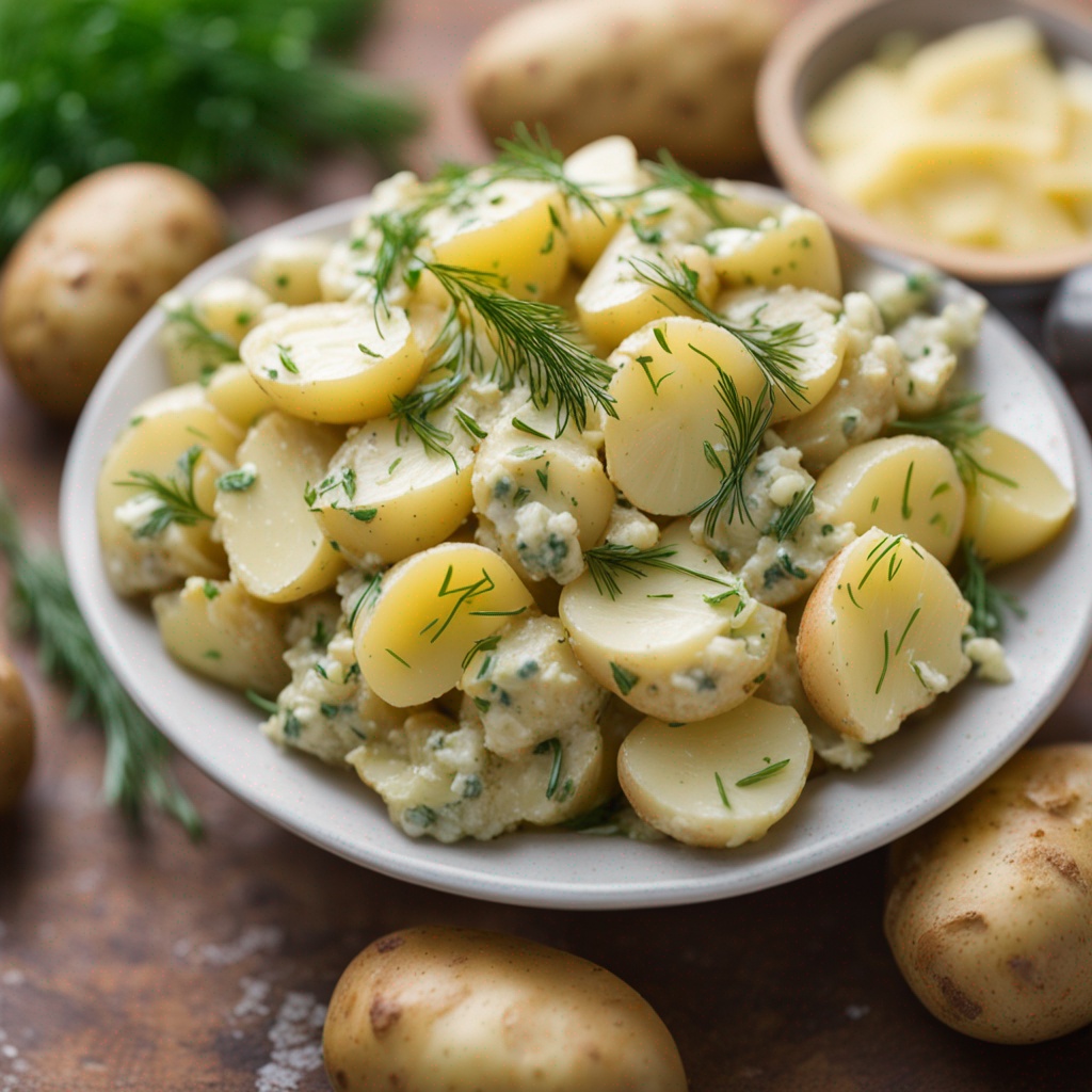 Combine potatoes with diced celery, red onion, and dill.