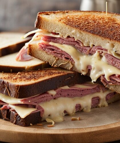 Perfectly grilled Reuben sandwich on rye bread