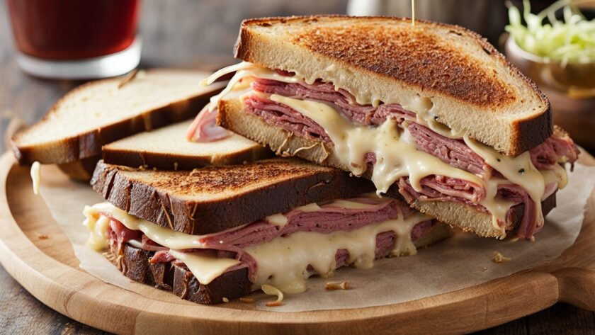 Perfectly grilled Reuben sandwich on rye bread