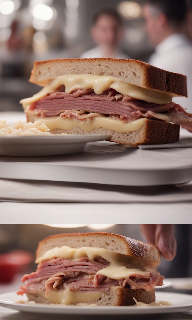 Assembling ingredients for Reuben sandwich