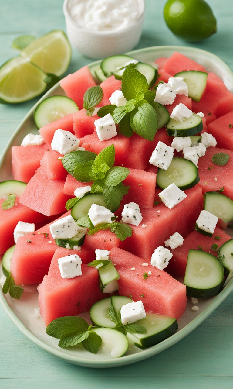 Final plated Watermelon Feta Salad.