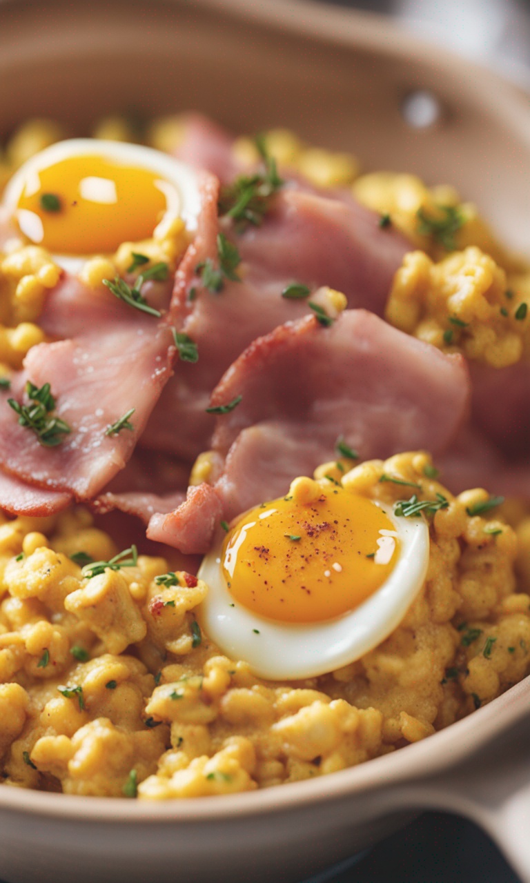 Healthy and spicy family breakfast scramble with ham and eggs